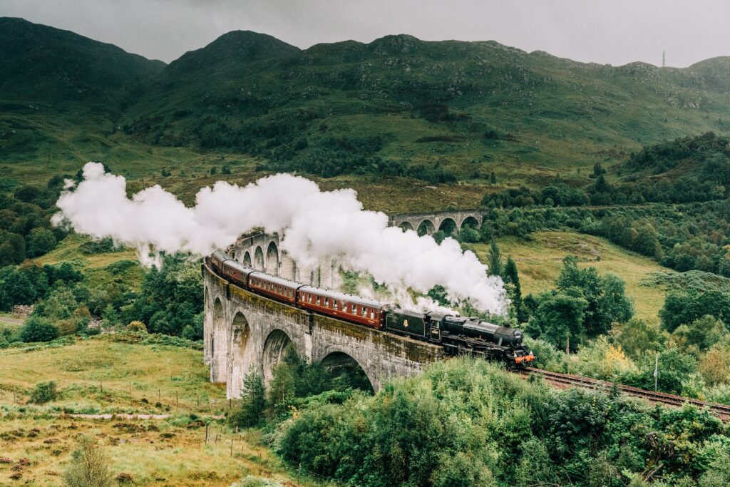 Jacobite steam train crossing the Glenfinnan Viaduct